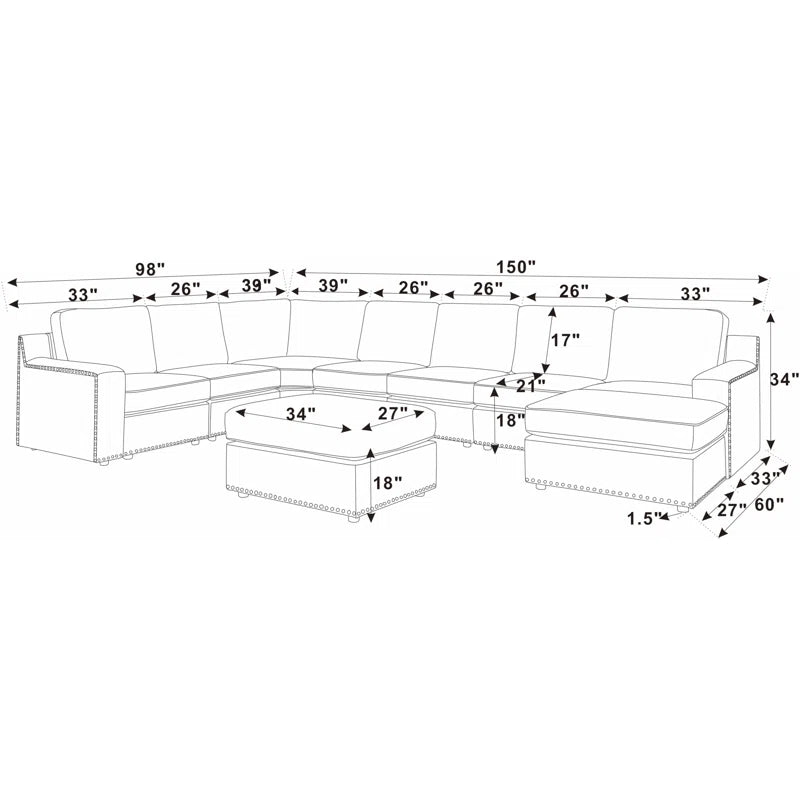 U-Shape Sectional Sofa: 8 - Piece Modular Large Sectional Seat (Green Polyester)