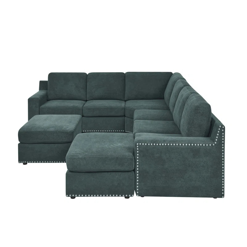 U-Shape Sectional Sofa: 8 - Piece Modular Large Sectional Seat (Green Polyester)