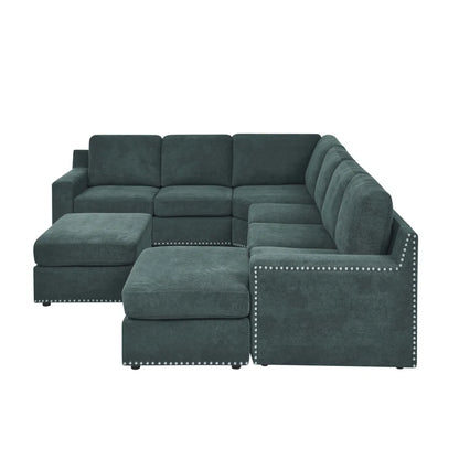 U-Shape Sectional Sofa: 8 - Piece Modular Large Sectional Seat (Green Polyester)