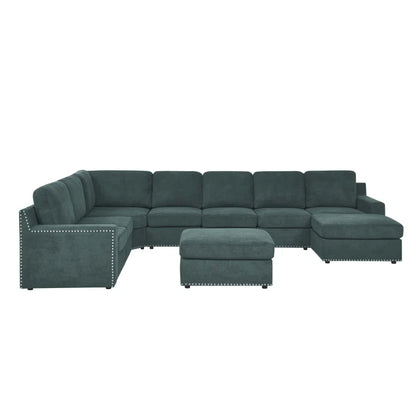U-Shape Sectional Sofa: 8 - Piece Modular Large Sectional Seat (Green Polyester)
