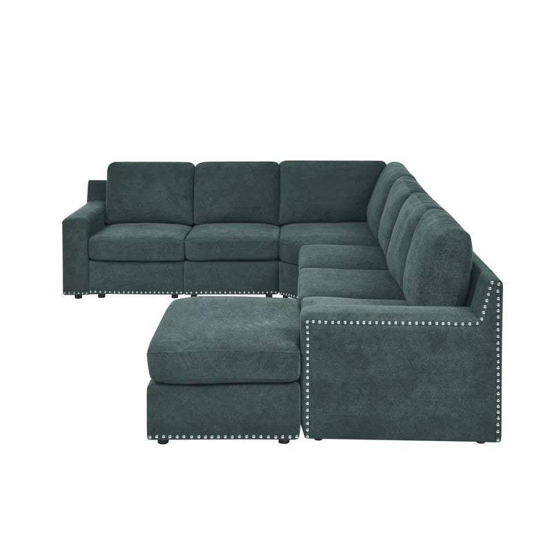 L- Shape Sectional Sofa: 7 - Piece Modular Corner Sectional(Green Polyester Blend)