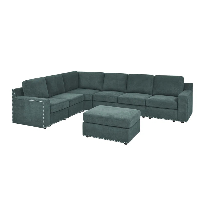L- Shape Sectional Sofa: 7 - Piece Modular Corner Sectional(Green Polyester Blend)