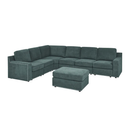 L- Shape Sectional Sofa: 7 - Piece Modular Corner Sectional(Green Polyester Blend)