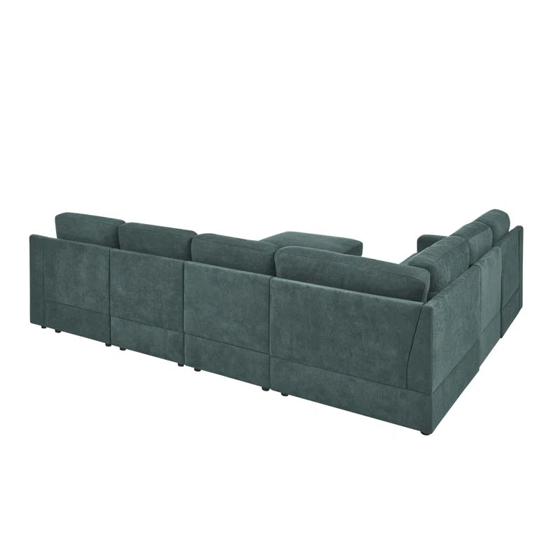 L- Shape Sectional Sofa: 7 - Piece Modular Corner Sectional(Green Polyester Blend)
