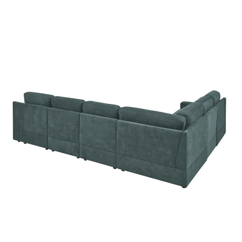 L- Shape Sectional Sofa: 7 - Piece Modular Corner Sectional(Green Polyester Blend)