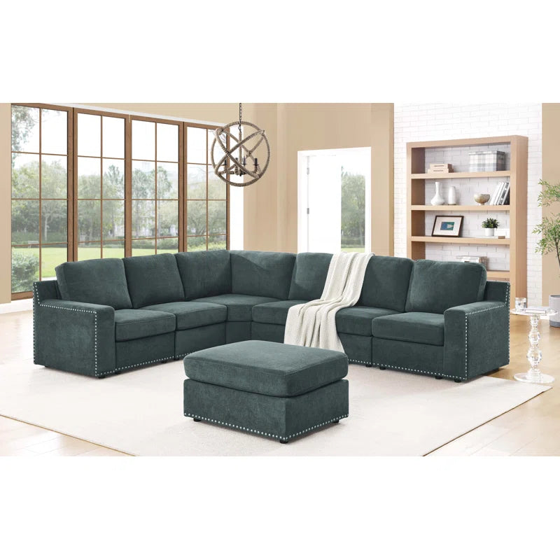 L- Shape Sectional Sofa: 7 - Piece Modular Corner Sectional(Green Polyester Blend)