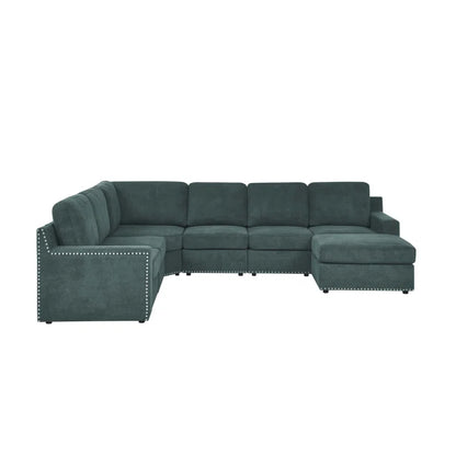 L- Shape Sectional Sofa: 7 - Piece Modular Corner Sectional(Green Polyester Blend)
