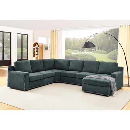 L- Shape Sectional Sofa: 7 - Piece Modular Corner Sectional(Green Polyester Blend)