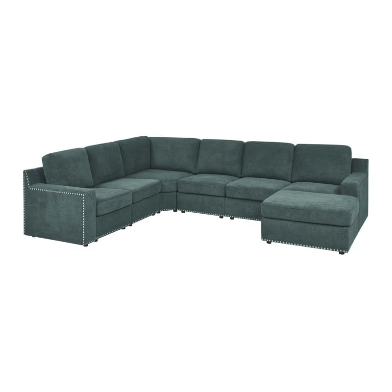 L- Shape Sectional Sofa: 7 - Piece Modular Corner Sectional(Green Polyester Blend)