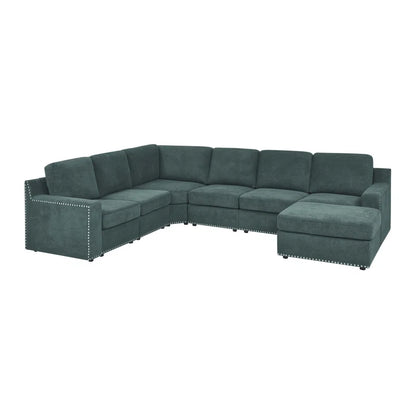 L- Shape Sectional Sofa: 7 - Piece Modular Corner Sectional(Green Polyester Blend)