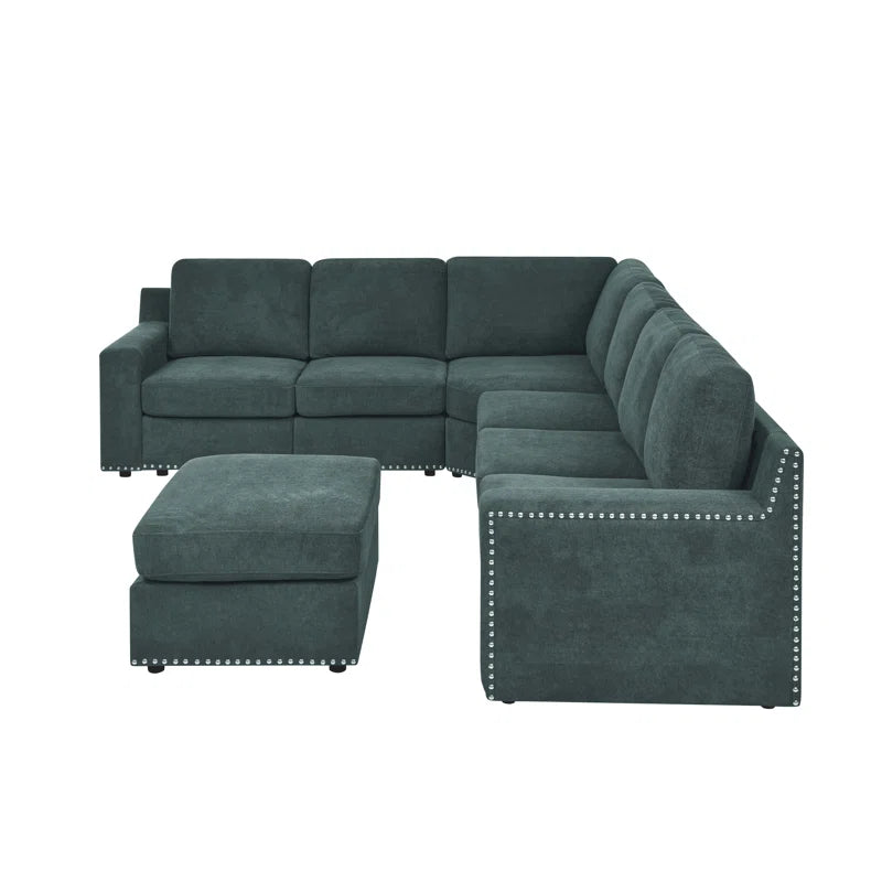 L- Shape Sectional Sofa: 7 - Piece Modular Corner Sectional(Green Polyester Blend)