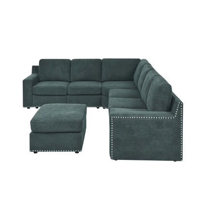 L- Shape Sectional Sofa: 7 - Piece Modular Corner Sectional(Green Polyester Blend)