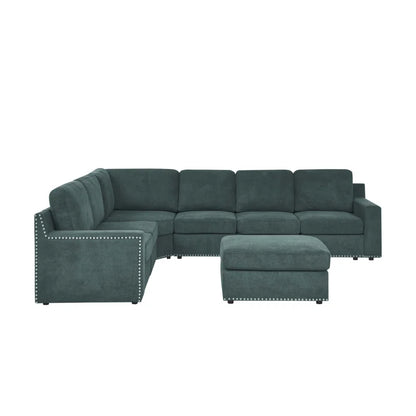 L- Shape Sectional Sofa: 7 - Piece Modular Corner Sectional(Green Polyester Blend)