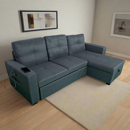 4 Seater Sofa Cum Bed, Black, with Mobile Charging Feature
