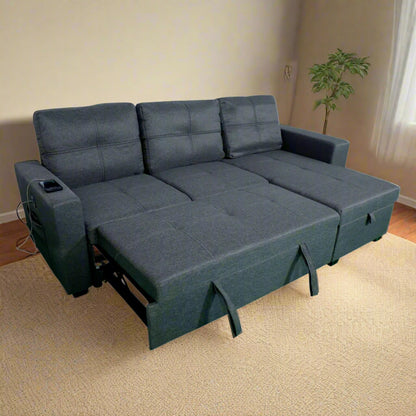4 Seater Sofa Cum Bed, Black, with Mobile Charging Feature