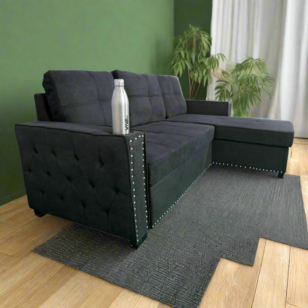 4 Seater Dark Grey Sofa Cum Bed with Bottle Holder