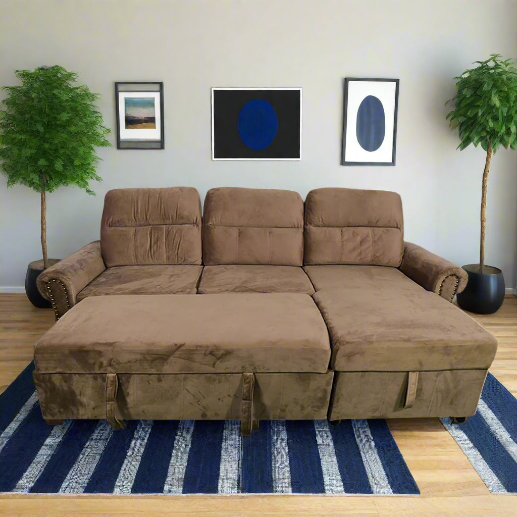 4 Seater Solid Wood Sofa Cum Bed with Storage- (Brown)