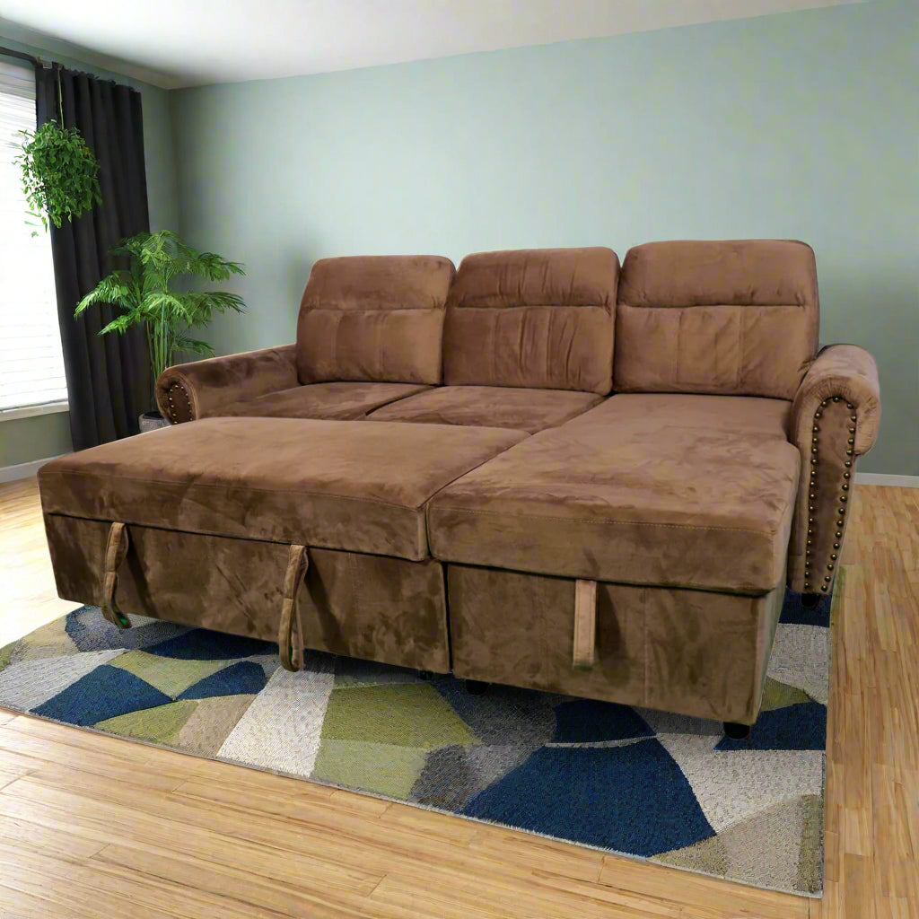 4 Seater Solid Wood Sofa Cum Bed with Storage- (Brown)