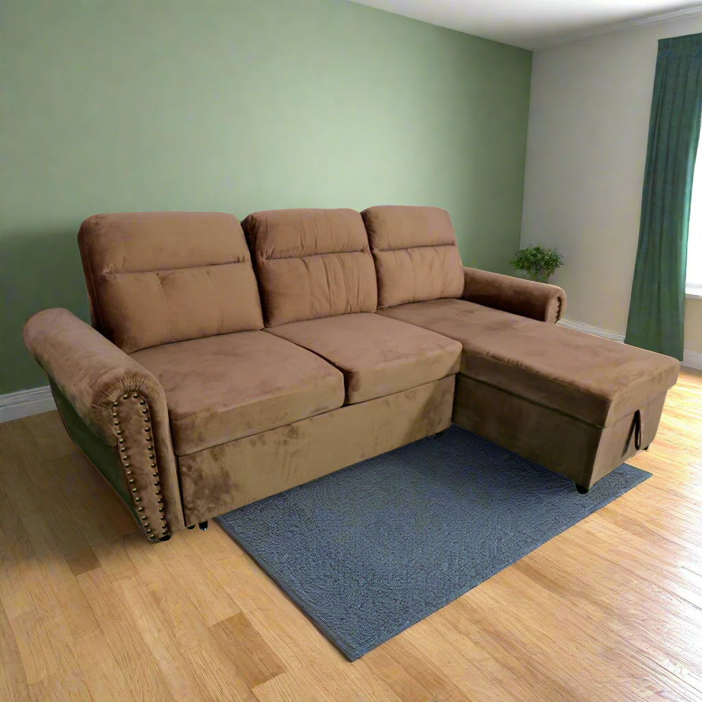4 Seater Solid Wood Sofa Cum Bed with Storage- (Brown)