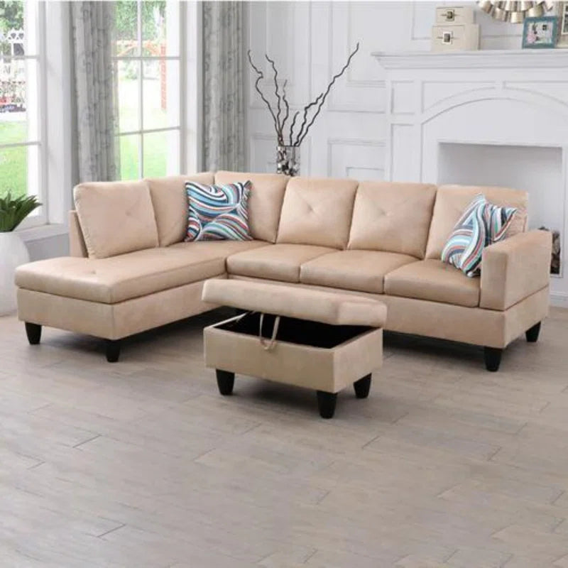 L-Shape Sectional Sofa: 3 - Piece L- Shaped Upholstered Living Room Sectional Sofa(Beige Microfiber/Microsuede)