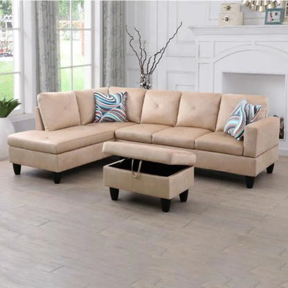 L-Shape Sectional Sofa: 3 - Piece L- Shaped Upholstered Living Room Sectional Sofa(Beige Microfiber/Microsuede)