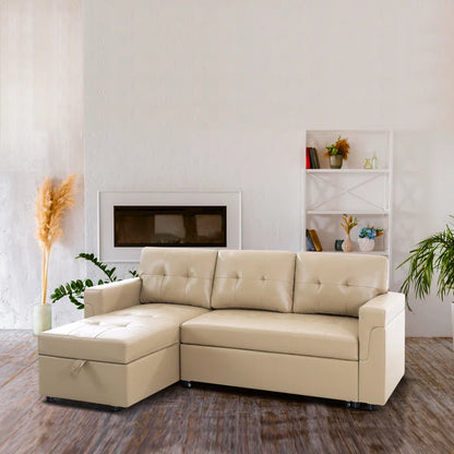 L Shaped Sleeper Sofa with Storage Pull-Out Sofa Couch(Beige Air Leather)