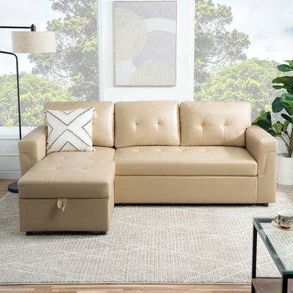 L Shaped Sleeper Sofa with Storage Pull-Out Sofa Couch(Beige Air Leather)