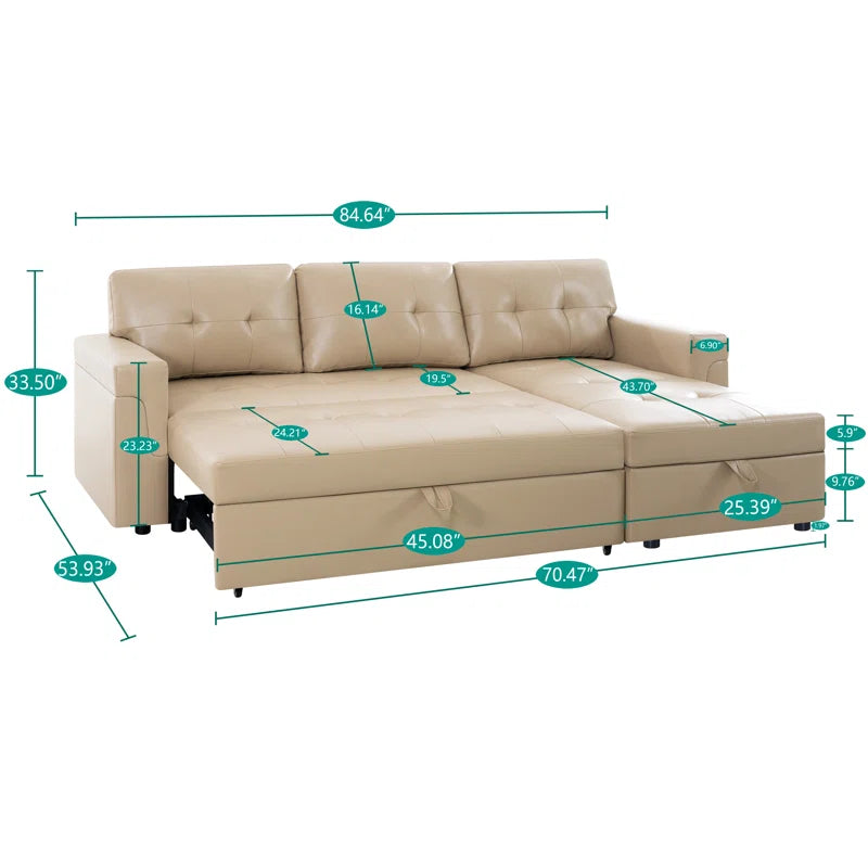 L Shaped Sleeper Sofa with Storage Pull-Out Sofa Couch(Beige Air Leather)