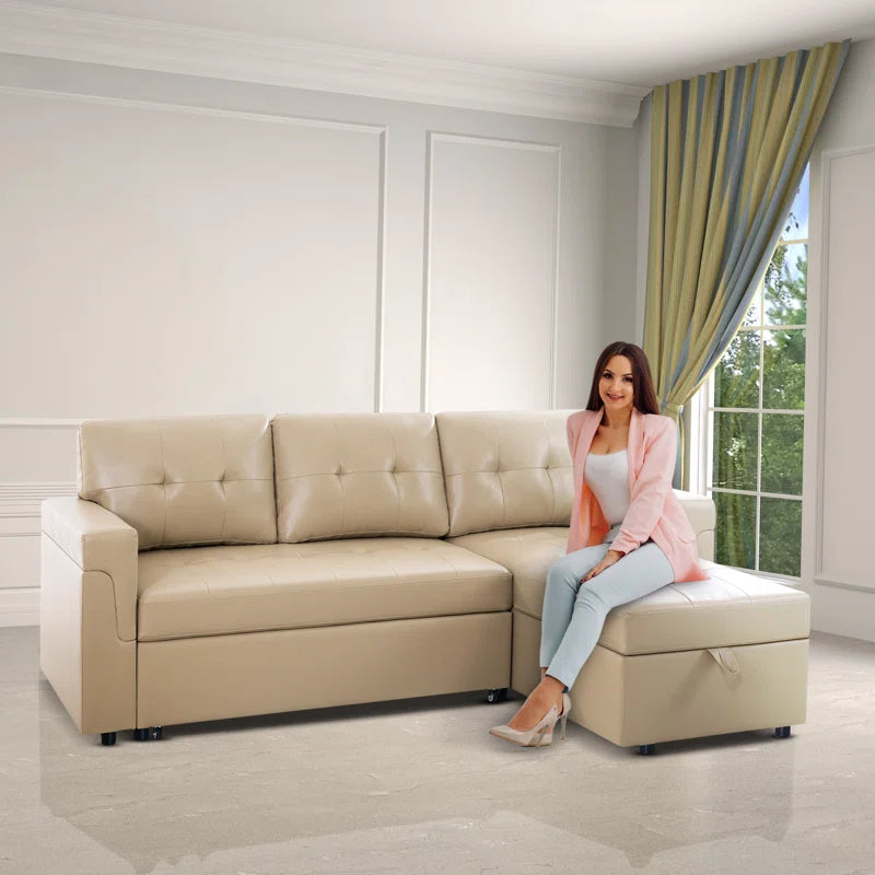L Shaped Sleeper Sofa with Storage Pull-Out Sofa Couch(Beige Air Leather)