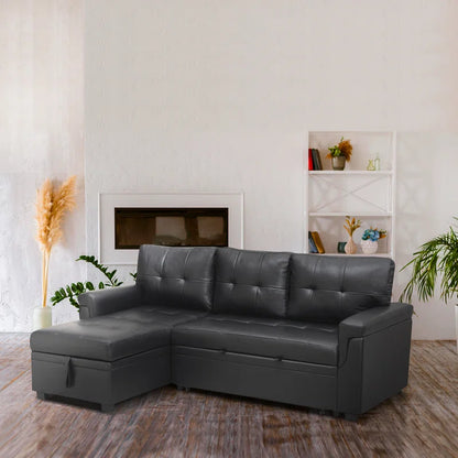 L Shaped Sleeper Sofa with Storage Pull-Out Sofa Couch(Black Faux Leather)