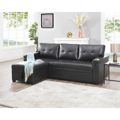 L Shaped Sleeper Sofa with Storage Pull-Out Sofa Couch(Black Faux Leather)