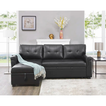 L Shaped Sleeper Sofa with Storage Pull-Out Sofa Couch(Black Faux Leather)