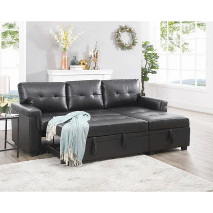 L Shaped Sleeper Sofa with Storage Pull-Out Sofa Couch(Black Faux Leather)