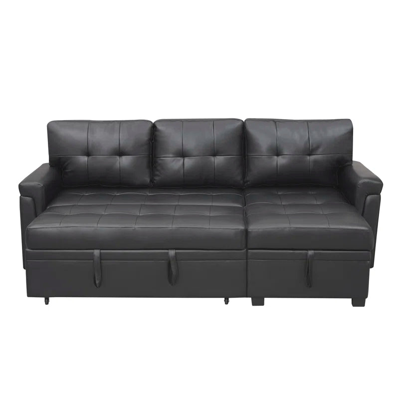L Shaped Sleeper Sofa with Storage Pull-Out Sofa Couch(Black Faux Leather)