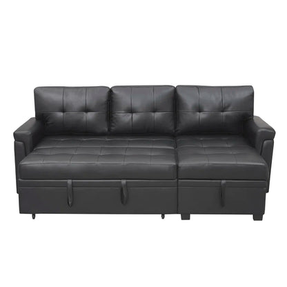 L Shaped Sleeper Sofa with Storage Pull-Out Sofa Couch(Black Faux Leather)