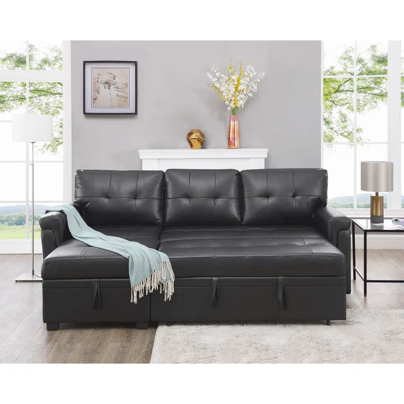 L Shaped Sleeper Sofa with Storage Pull-Out Sofa Couch(Black Faux Leather)
