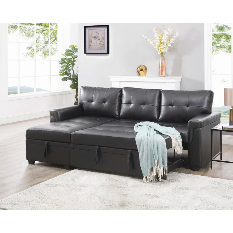 L Shaped Sleeper Sofa with Storage Pull-Out Sofa Couch(Black Faux Leather)