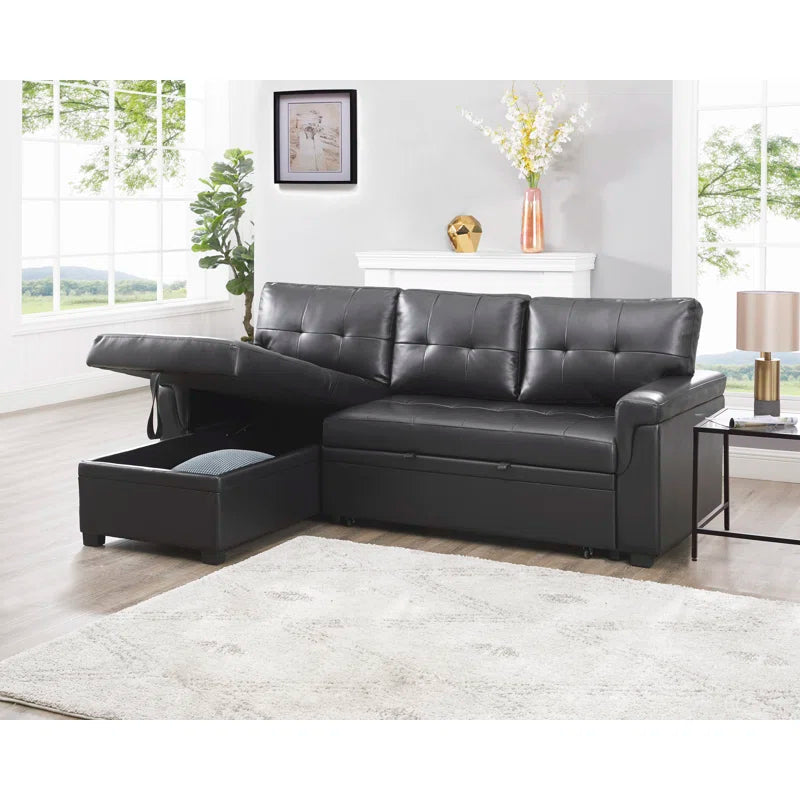 L Shaped Sleeper Sofa with Storage Pull-Out Sofa Couch(Black Faux Leather)