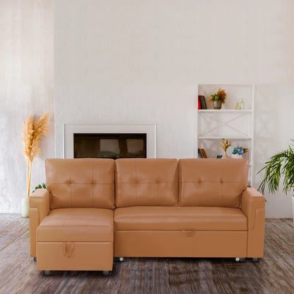 L Shaped Sleeper Sofa with Storage Pull-Out Sofa Couch(Caramel Faux Leather)