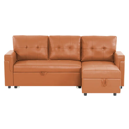 L Shaped Sleeper Sofa with Storage Pull-Out Sofa Couch(Caramel Faux Leather)