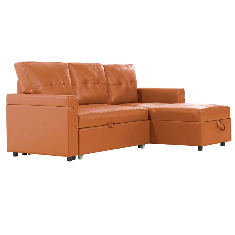 L Shaped Sleeper Sofa with Storage Pull-Out Sofa Couch(Caramel Faux Leather)