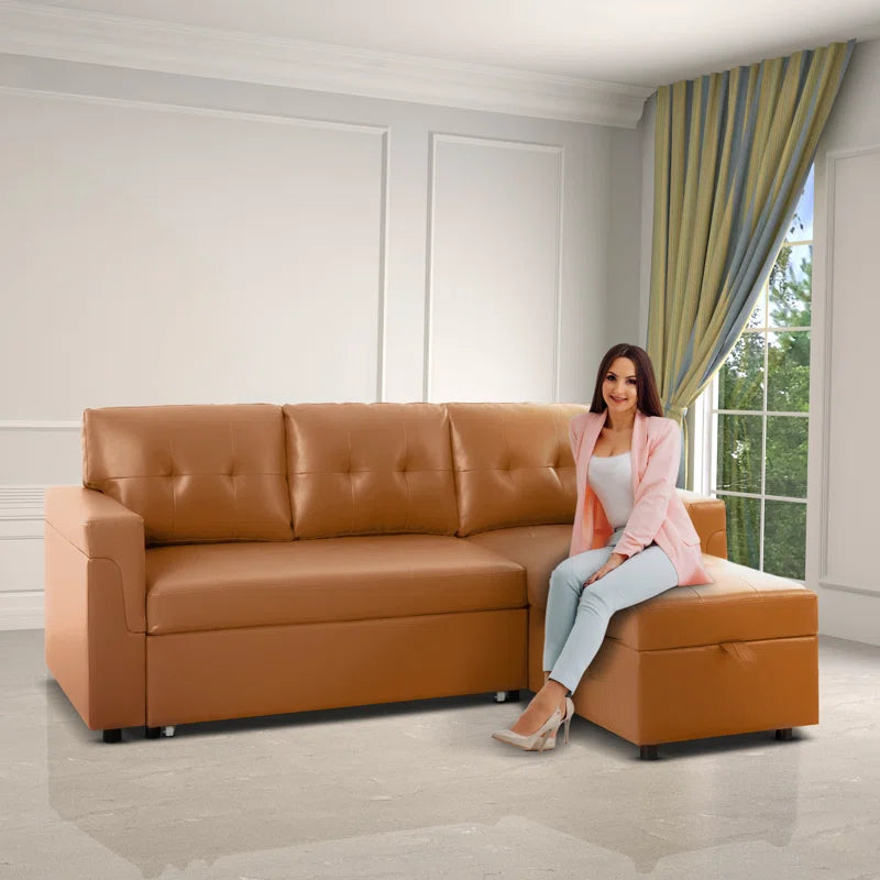 L Shaped Sleeper Sofa with Storage Pull-Out Sofa Couch(Caramel Faux Leather)