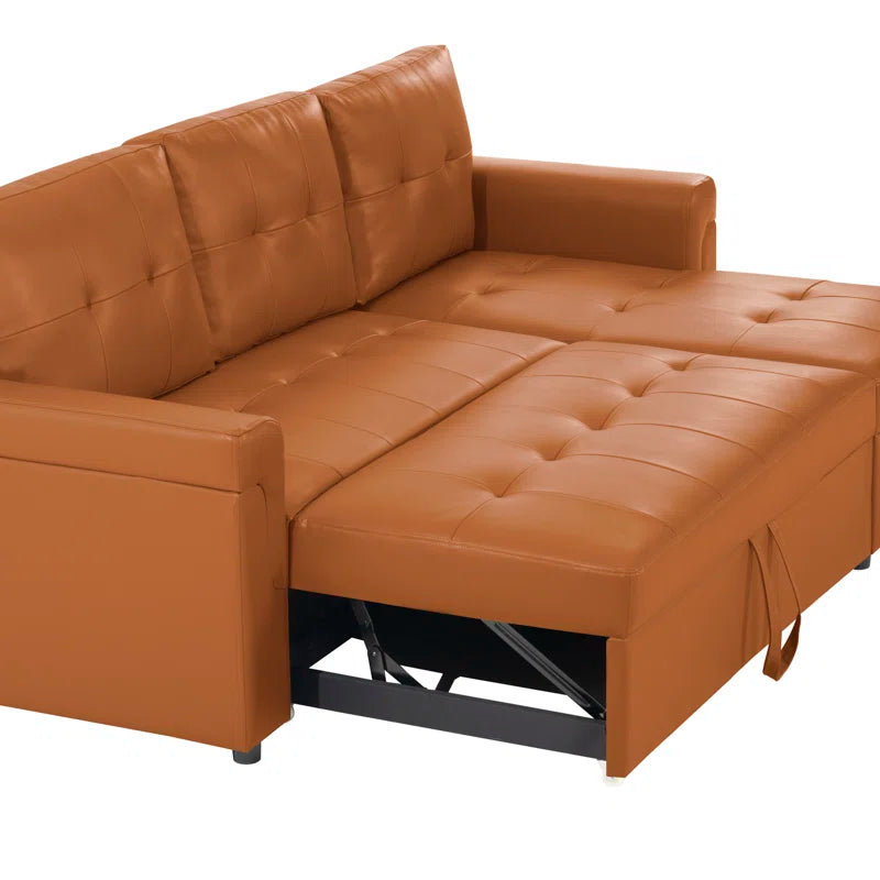 L Shaped Sleeper Sofa with Storage Pull-Out Sofa Couch(Caramel Faux Leather)