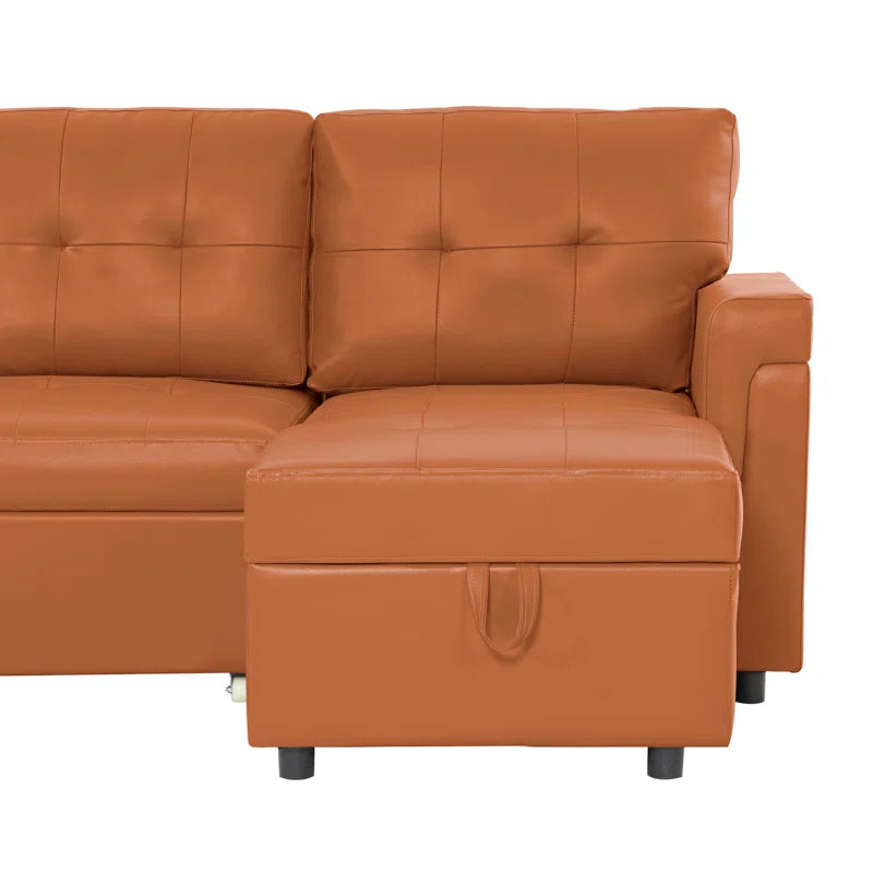 L Shaped Sleeper Sofa with Storage Pull-Out Sofa Couch(Caramel Faux Leather)