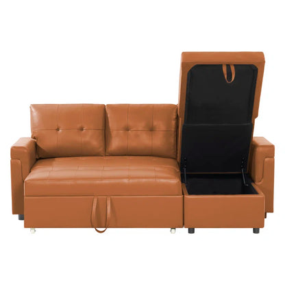 L Shaped Sleeper Sofa with Storage Pull-Out Sofa Couch(Caramel Faux Leather)