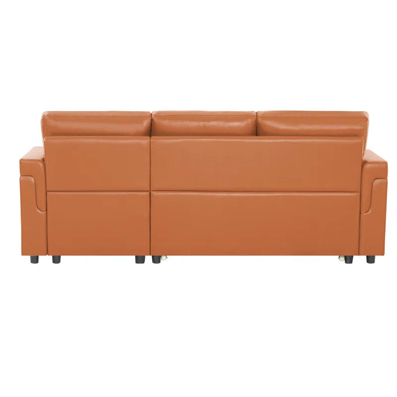 L Shaped Sleeper Sofa with Storage Pull-Out Sofa Couch(Caramel Faux Leather)