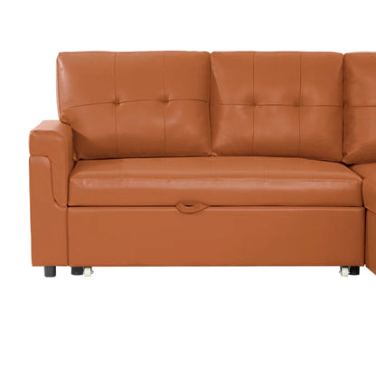 L Shaped Sleeper Sofa with Storage Pull-Out Sofa Couch(Caramel Faux Leather)