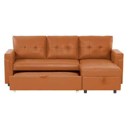 L Shaped Sleeper Sofa with Storage Pull-Out Sofa Couch(Caramel Faux Leather)