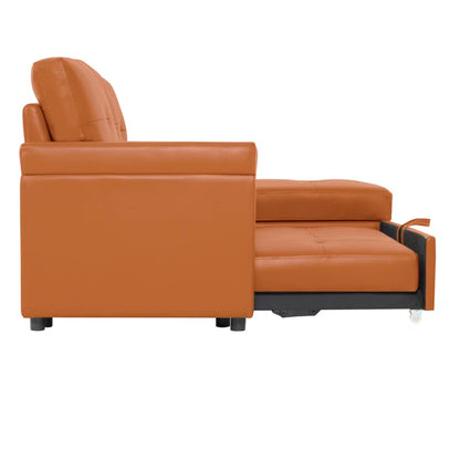 L Shaped Sleeper Sofa with Storage Pull-Out Sofa Couch(Caramel Faux Leather)