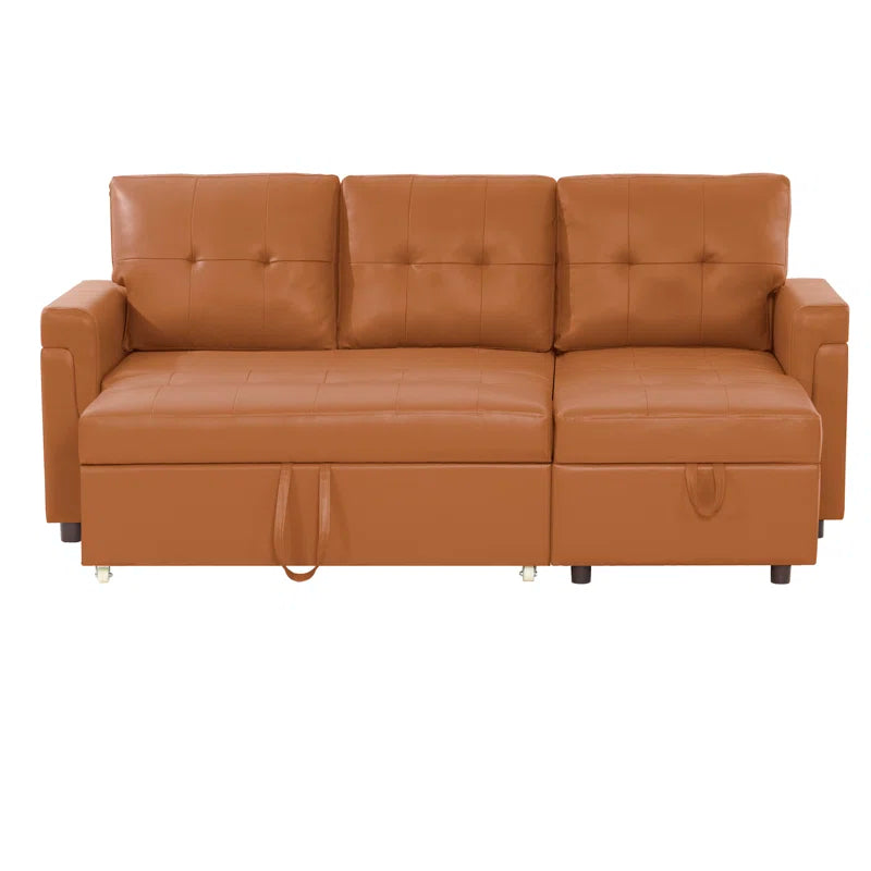 L Shaped Sleeper Sofa with Storage Pull-Out Sofa Couch(Caramel Faux Leather)